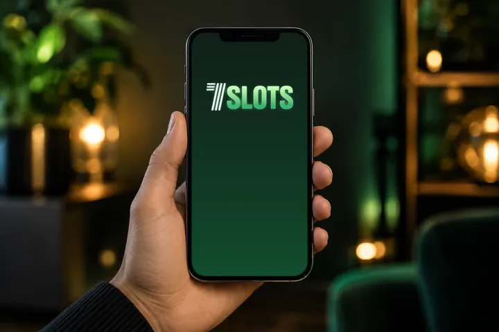 Ekranında 7Slots logosu olan, elde tutulan akıllı telefon