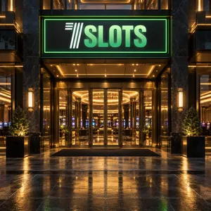 Girişin üstünde 7Slots logolu ışıklı tabela bulunan casino kapısı